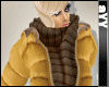 yellow winter down jacket with brown scarf)