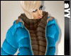 blue winter down jacket with brown scarf)