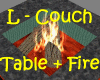 Couch, table W/fireplace