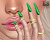 Green Nails+Gold Rings