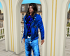 blue leather jacket