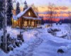 Snowy Cabin at Sunset