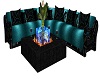 Teal Couch with Firepit