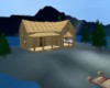 log cabin lake scene